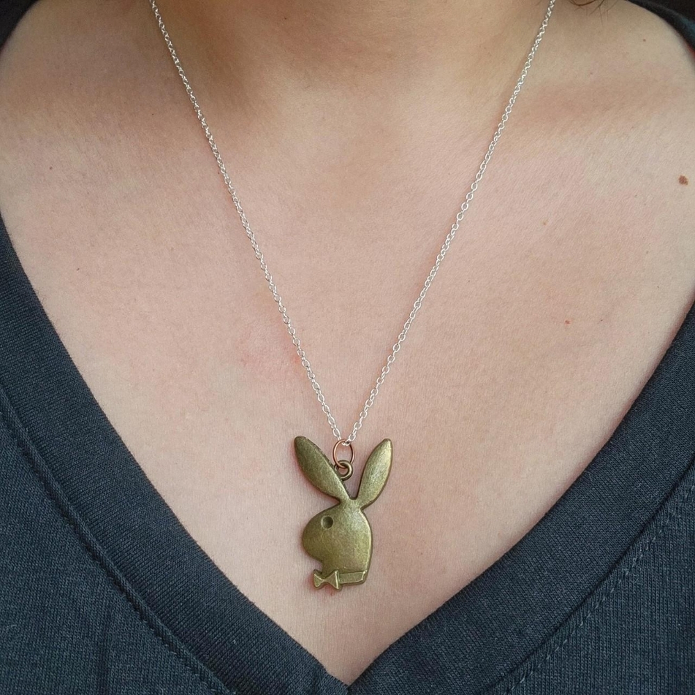Classic Bronze & Silver Playboy Bunny Pendant Dangle Drop Necklace